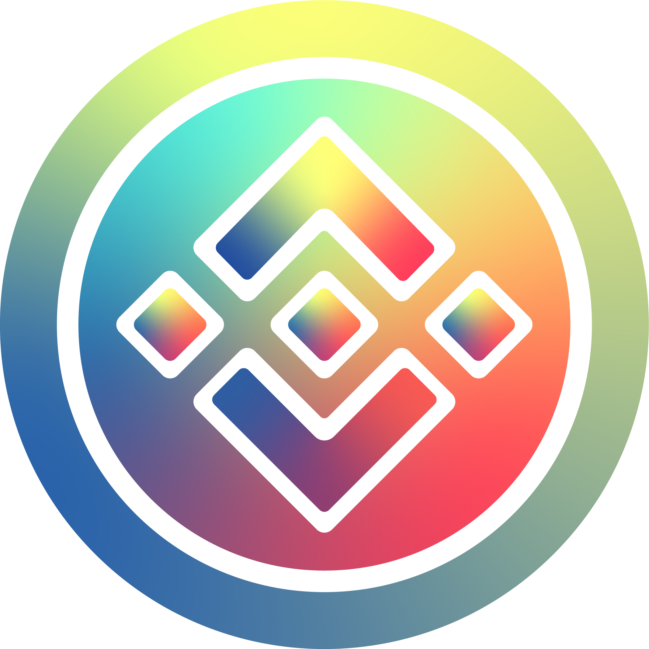 Circular emblem featuring an abstract diamond-shaped symbol in a rainbow gradient of blue, green, yellow, orange and red