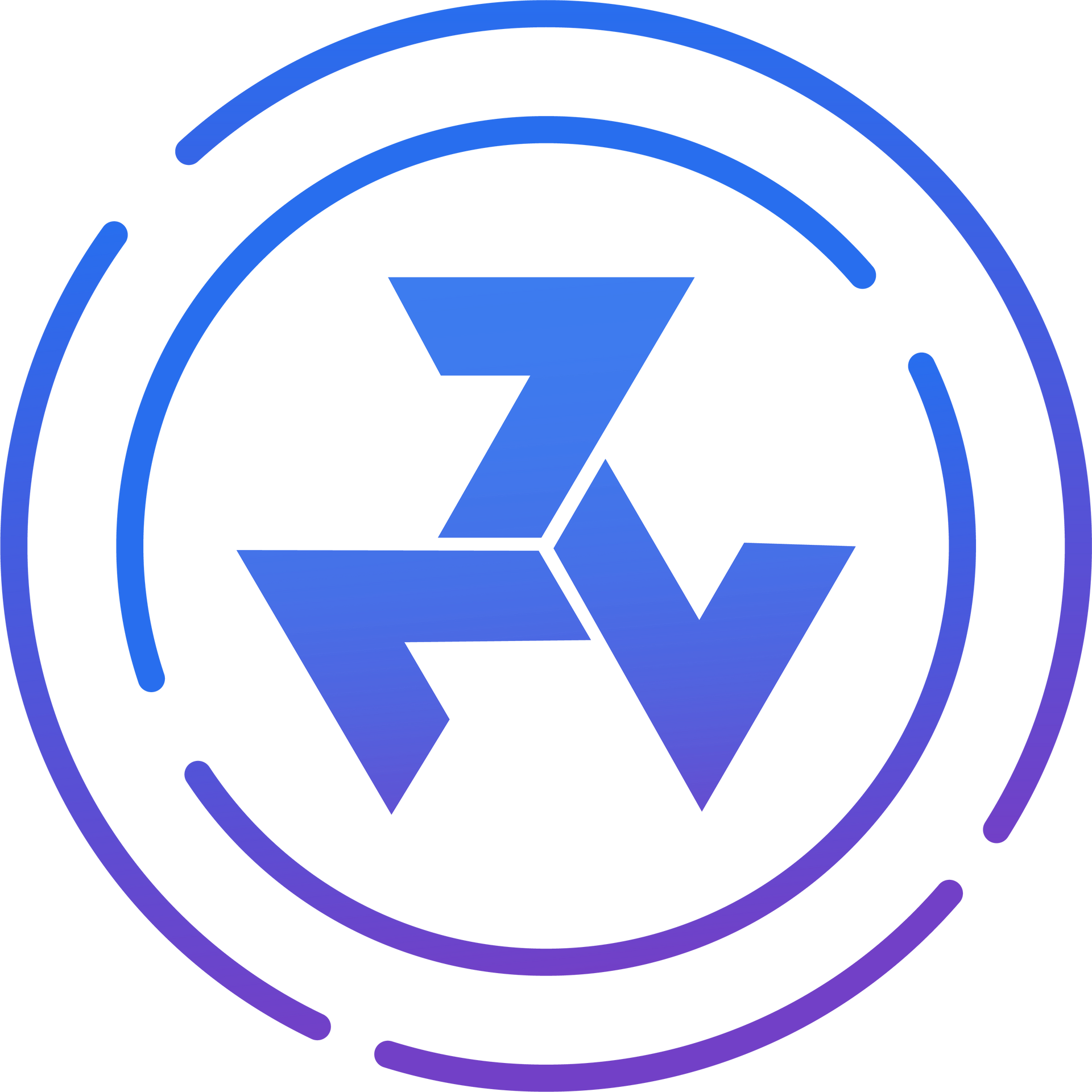 Abstract geometric emblem with blue and purple gradient arrows forming a triangular shape inside concentric circular lines