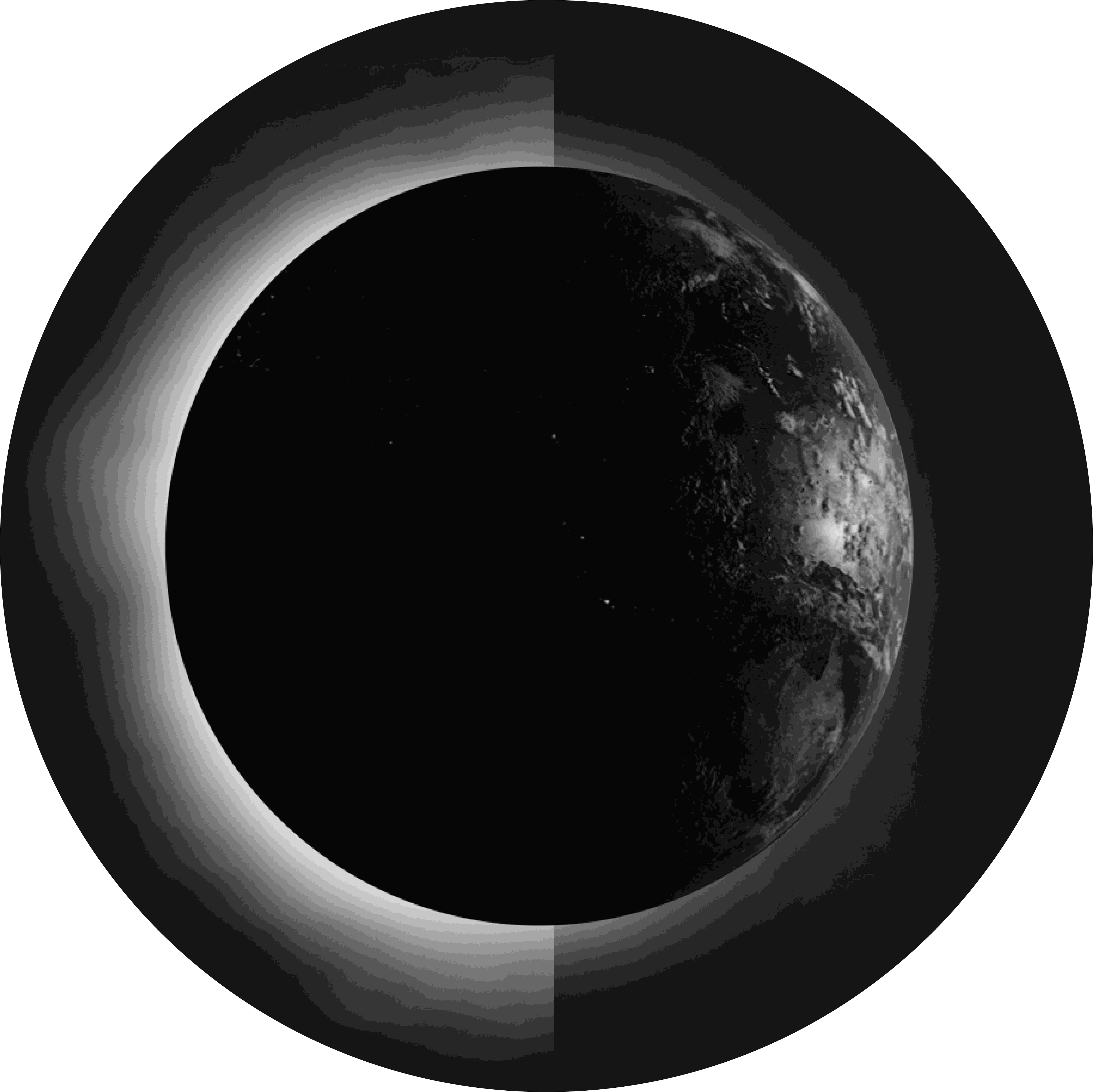 Digital illustration of a dark planet or moon partially lit, black and grayscale tones, space themed, calm mysterious mood