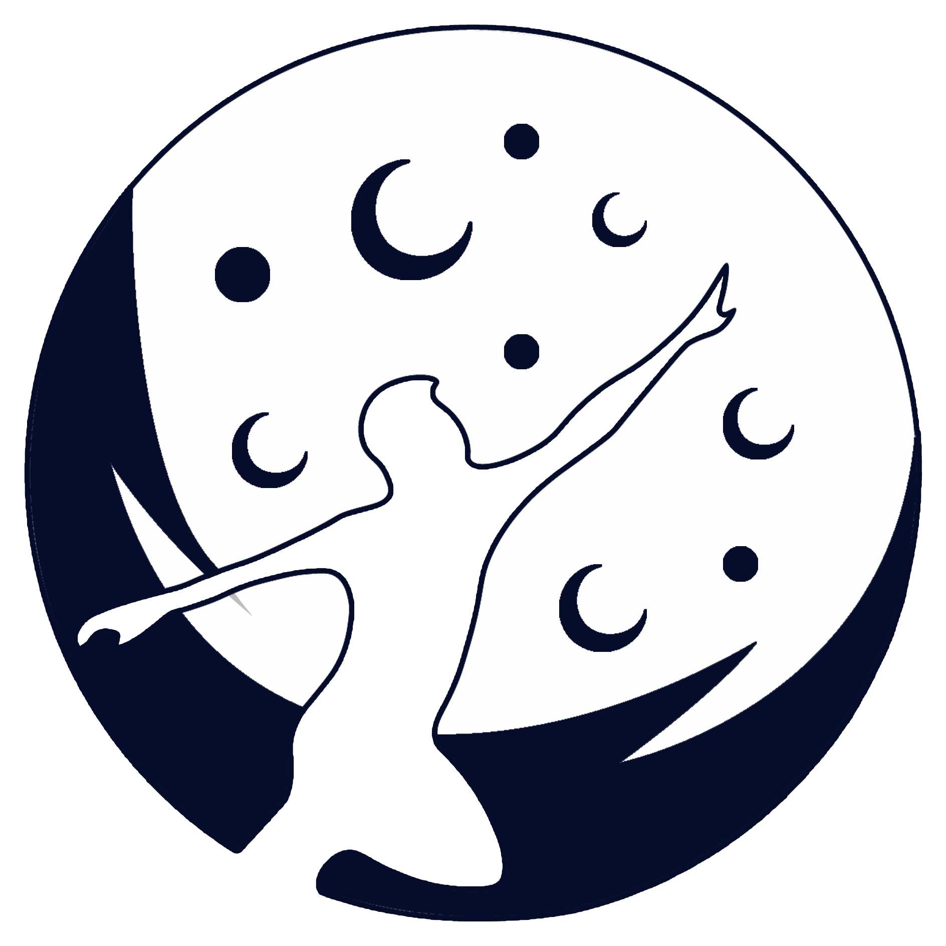 Black and white circular illustration of a silhouetted figure with arms raised inside a large moon shape surrounded by clouds
