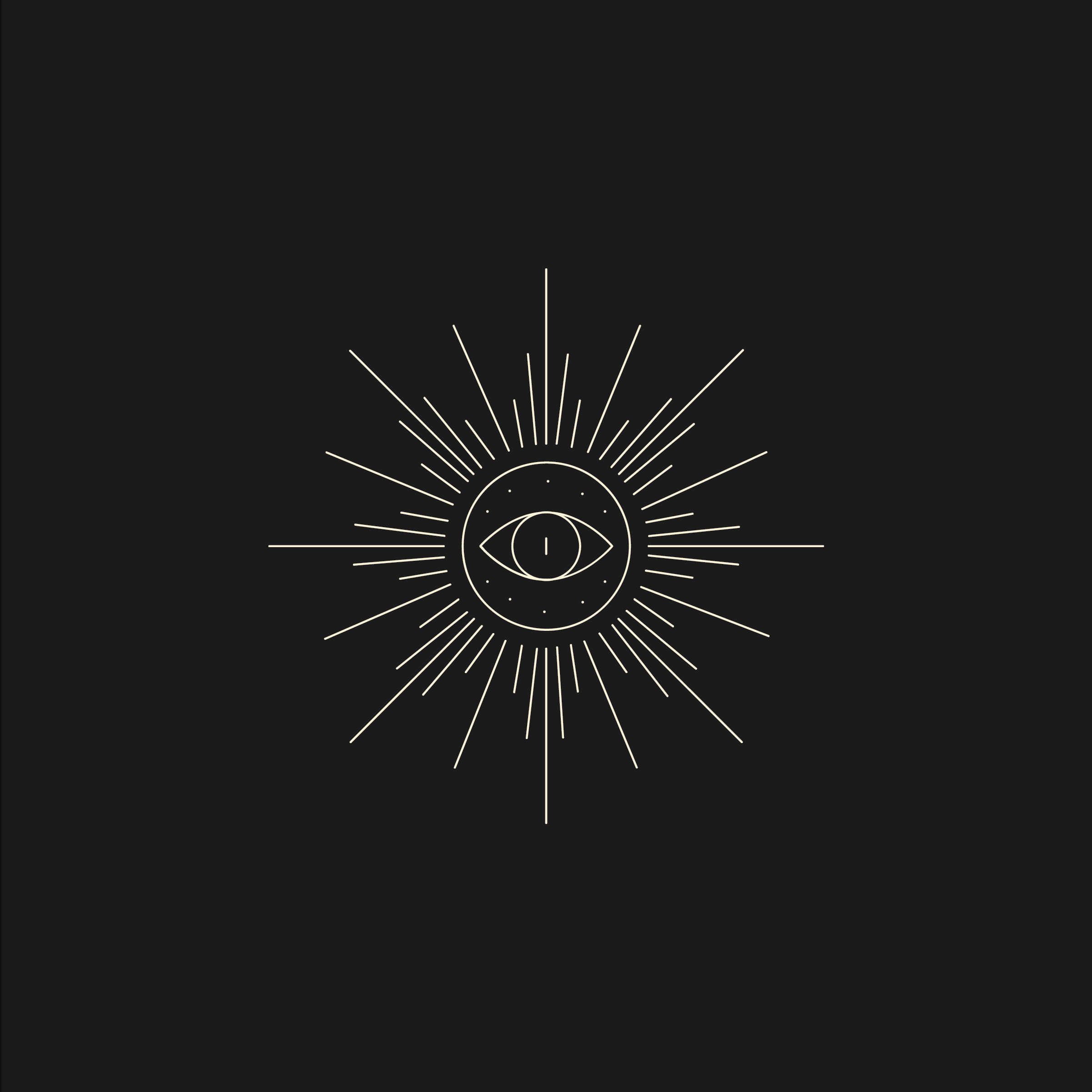 Minimalist line-art design of a sunburst with an eye at its center, in cream lines on a black background