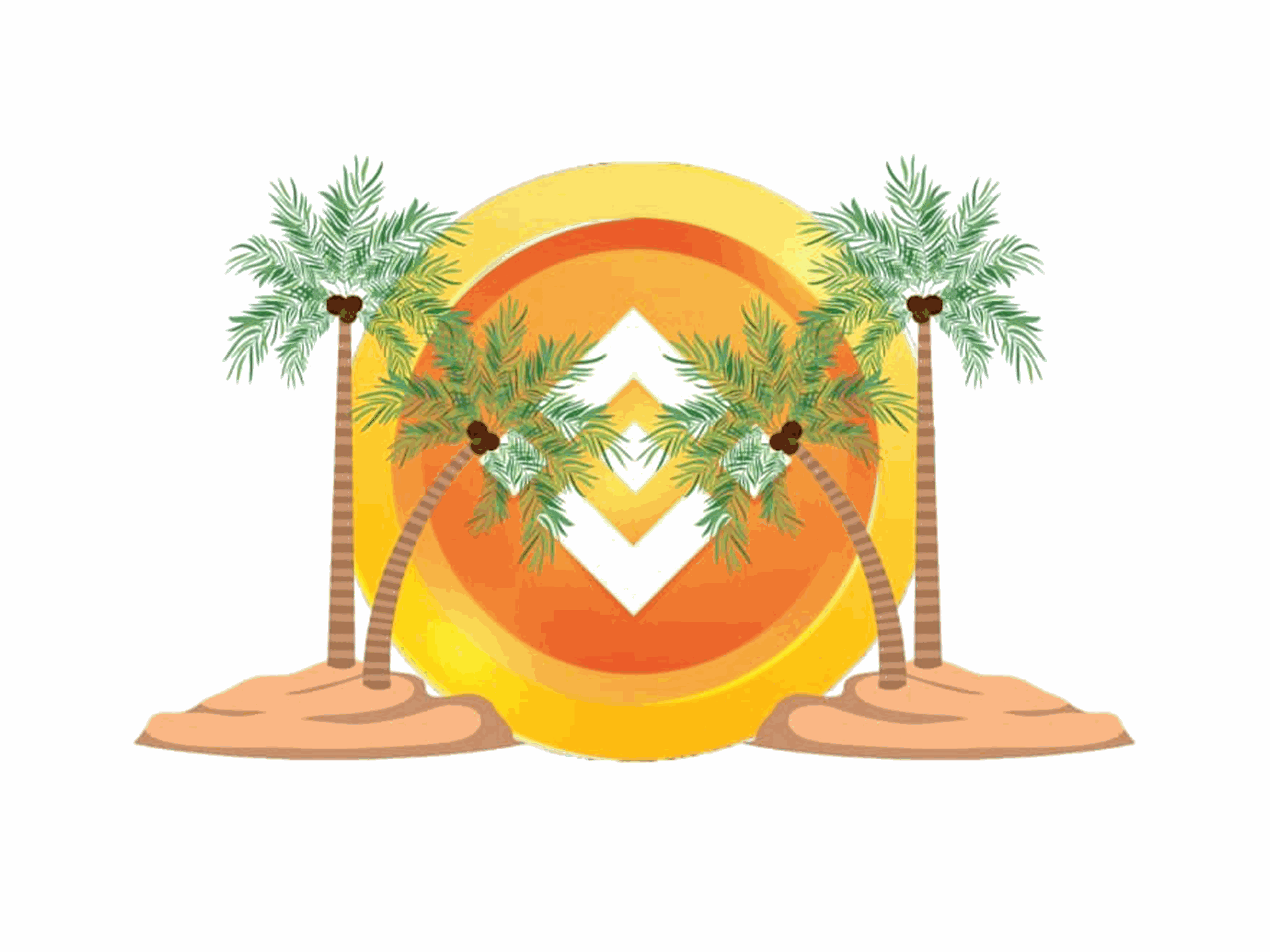Illustrated tropical scene with palm trees on sand mounds against a stylized orange and yellow sun graphic, warm tones